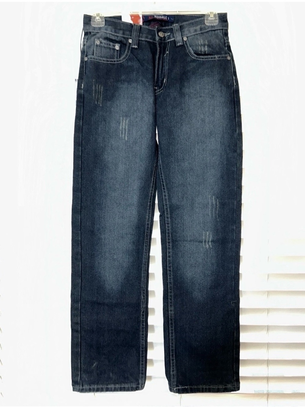 Boys Blue Faded Dark Wash Distressed Straight Leg Jeans Size 12 100% Cotton NWT
